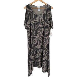 Sun Moda Dress Womens Size XL Gray Paisley Abstract Cold Shoulder Asymmetrical
